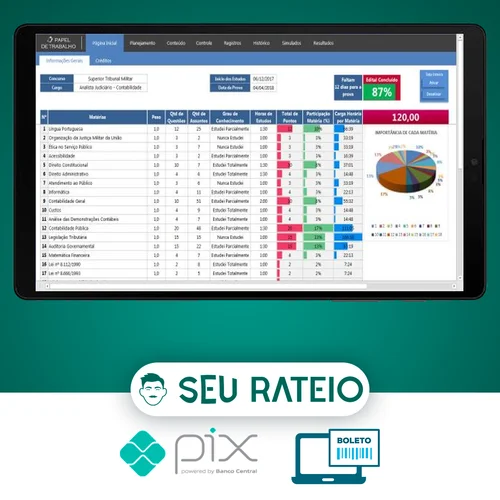 Planilha Controle de Estudos para Concursos Públicos Pro - Papel de Trabalho